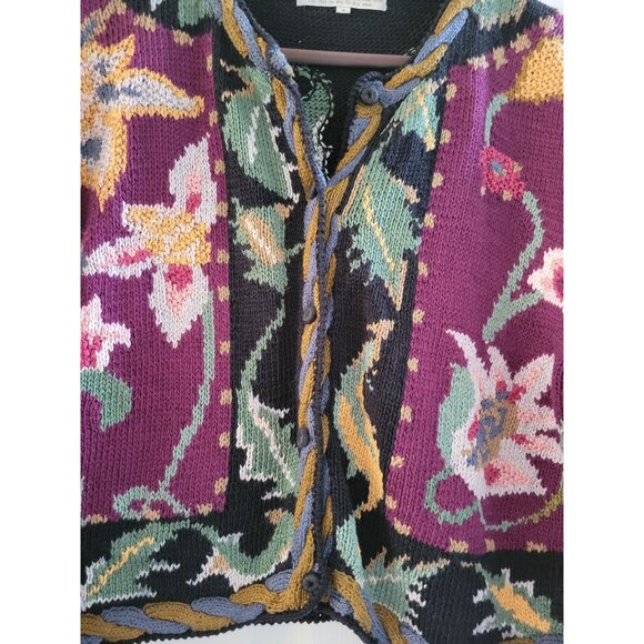 Peruvian Connection pink Black Cardigan sweater Hand knit pima Cotton size Small - Picture 3 of 6